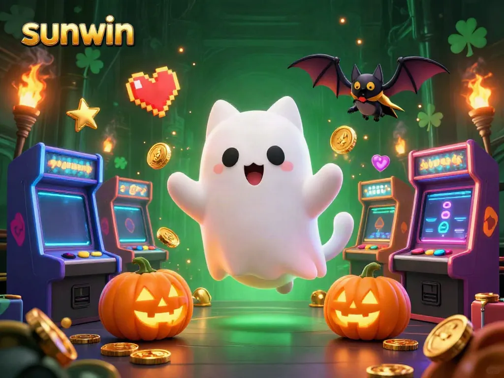 Experience the thrill of sunwin gaming with our lively ghost cat and bat characters in a vibrant casino setting.