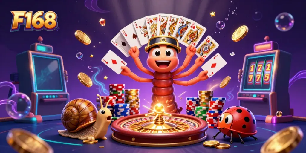 F168 showcases a thrilling casino scene with a cartoon dealer and vibrant game elements.