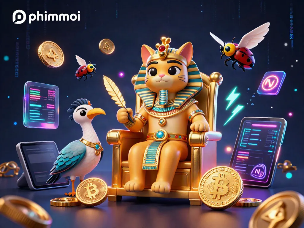Engage with phimmoi, through a vibrant 3D casino scene featuring an Egyptian pharaoh cat and crypto elements.