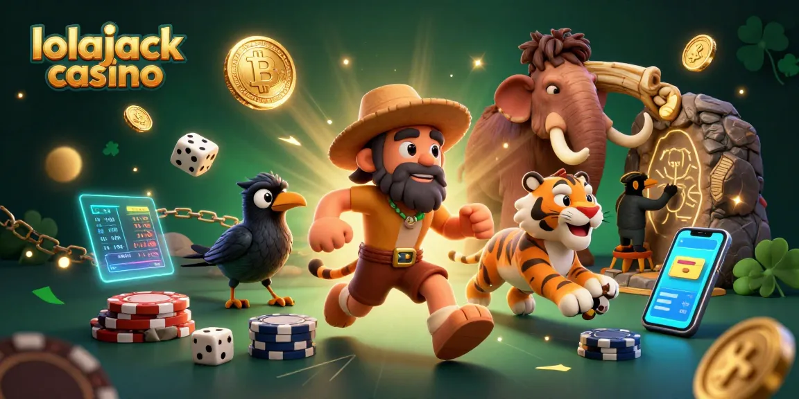 Engage at lolajack casino with a vibrant prehistoric scene featuring cartoon characters and crypto elements.