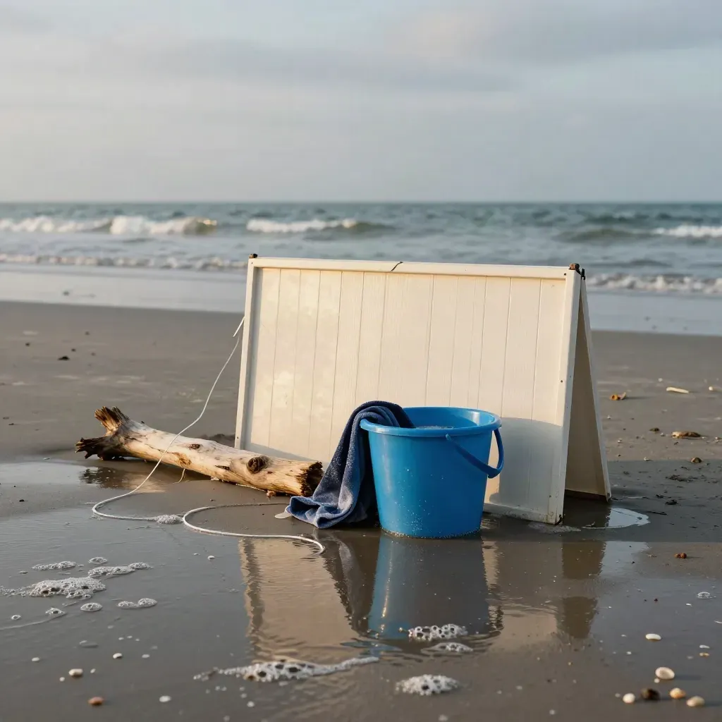 Strandspullen bij vloedlijn met opkomende golf en slap kitedraad, laag gefotografeerd