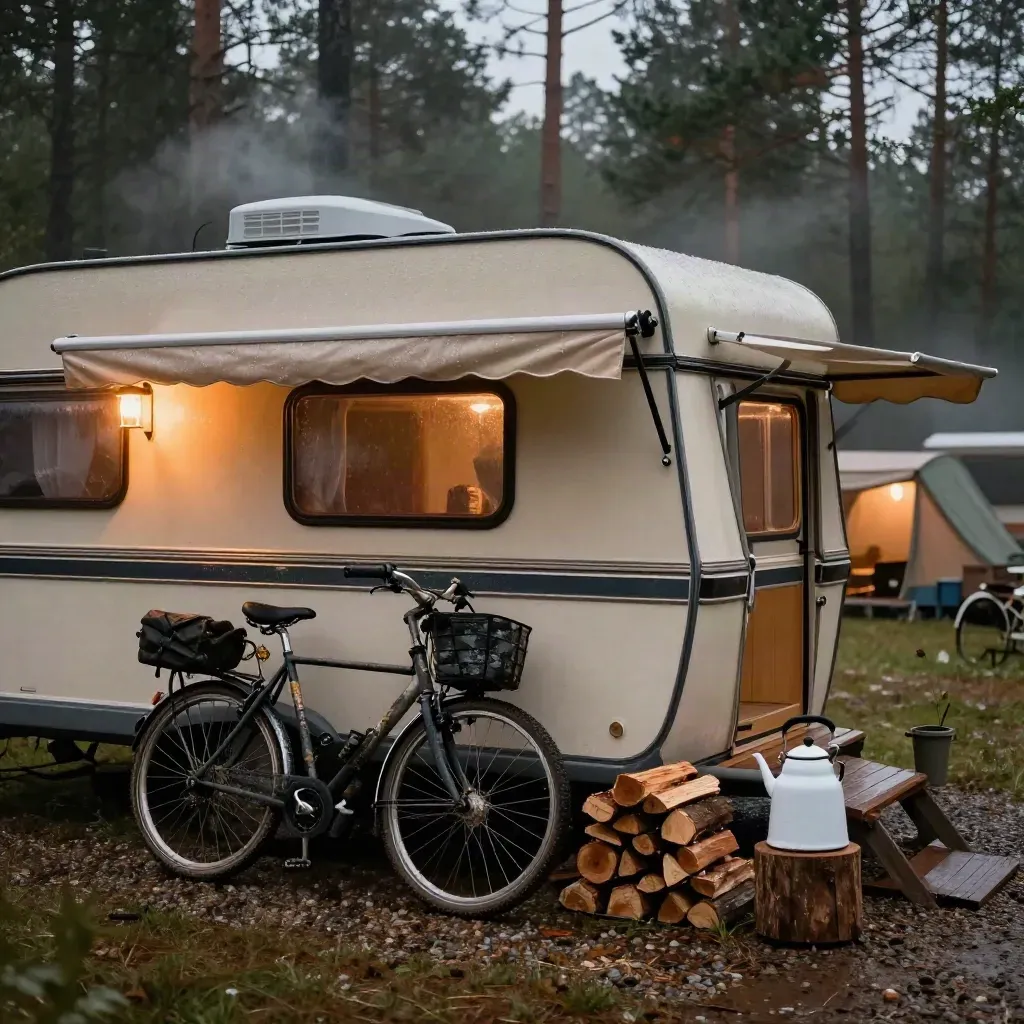 Campingplek in Noord-Brabant met caravanluifel, fietsen, houtblokken en een ketel in avondlicht.