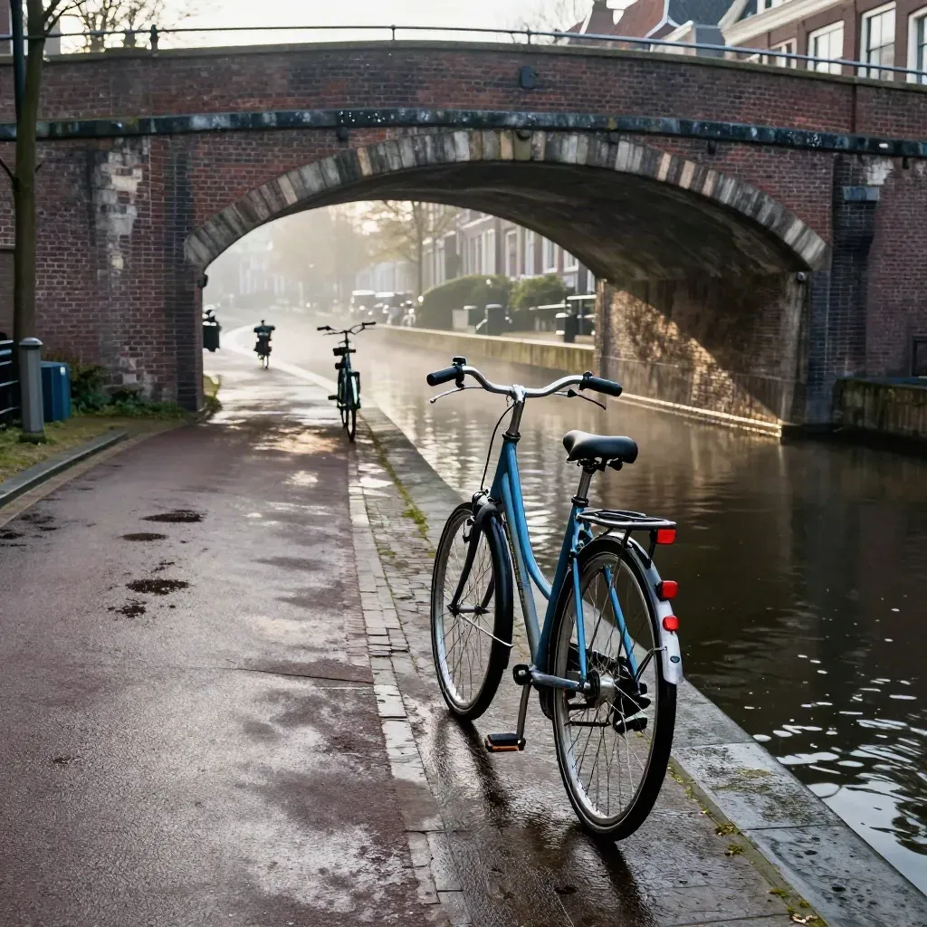 Fietspad onder een bakstenen viaduct langs een kanaal, met een geparkeerde fiets na regen.