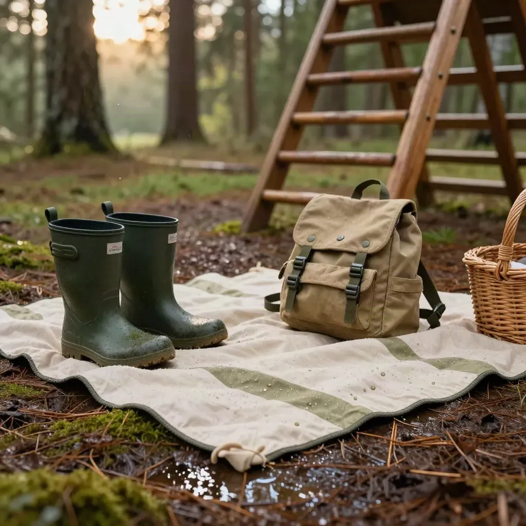 Natte laarzen en picknickkleed bij een houten klimtoestel in het bos na een regenbui.