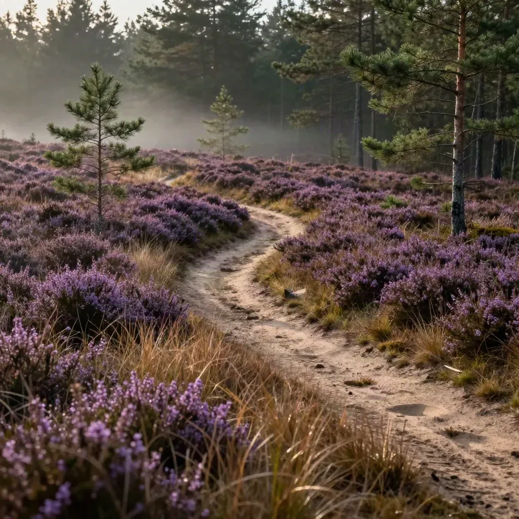 Heide en zandpad op de Veluwe met jonge dennen in ochtendmist.