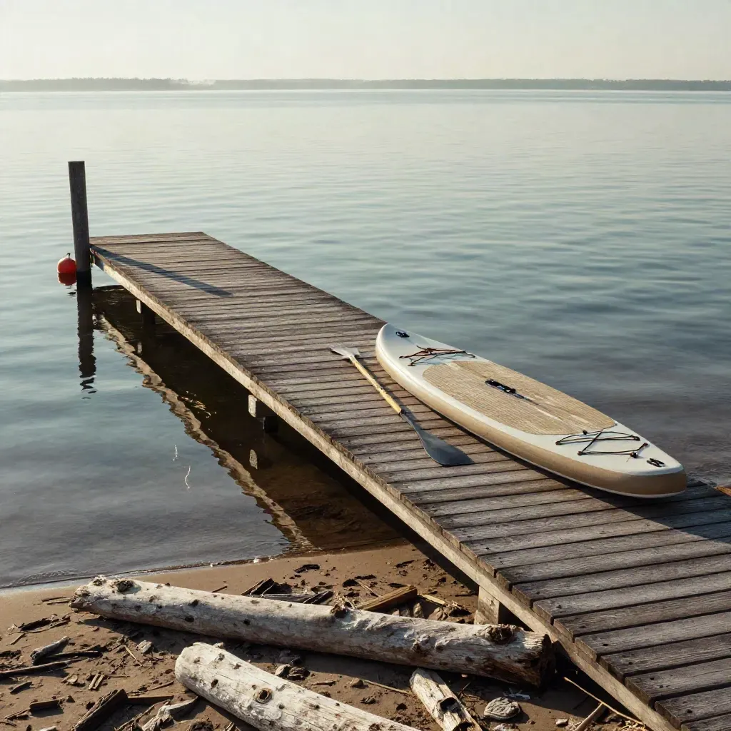 Rustig meer met steiger, twee paddleboards en rimpelend spiegelwater in zacht avondlicht.