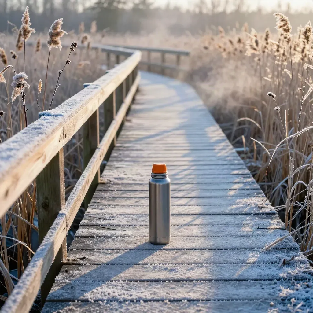 Bevroren plankier in een rietmoeras met thermos, rijp en eerste zonlicht langs het pad.