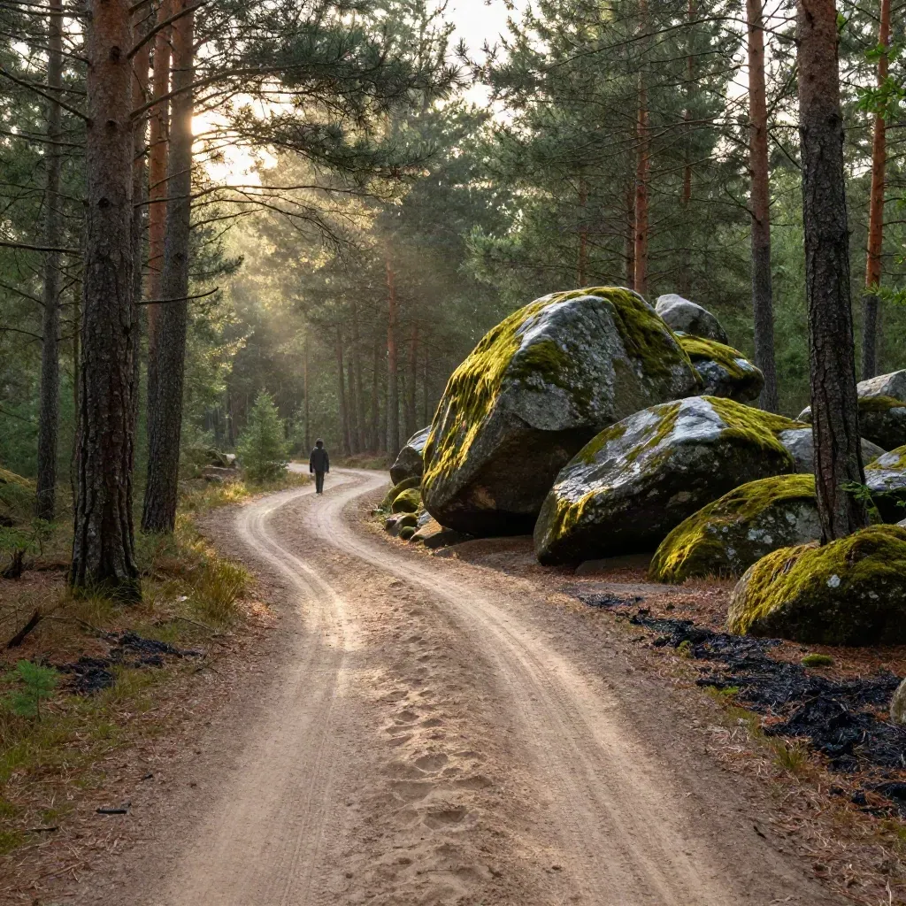 Hunebed langs een zanderige bosweg in Drenthe, na regen met zonlicht op natte grond.