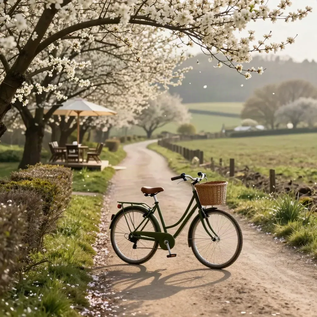 Bloesem langs een fietsroute met een groene toerfiets en terrasjes in lentelicht