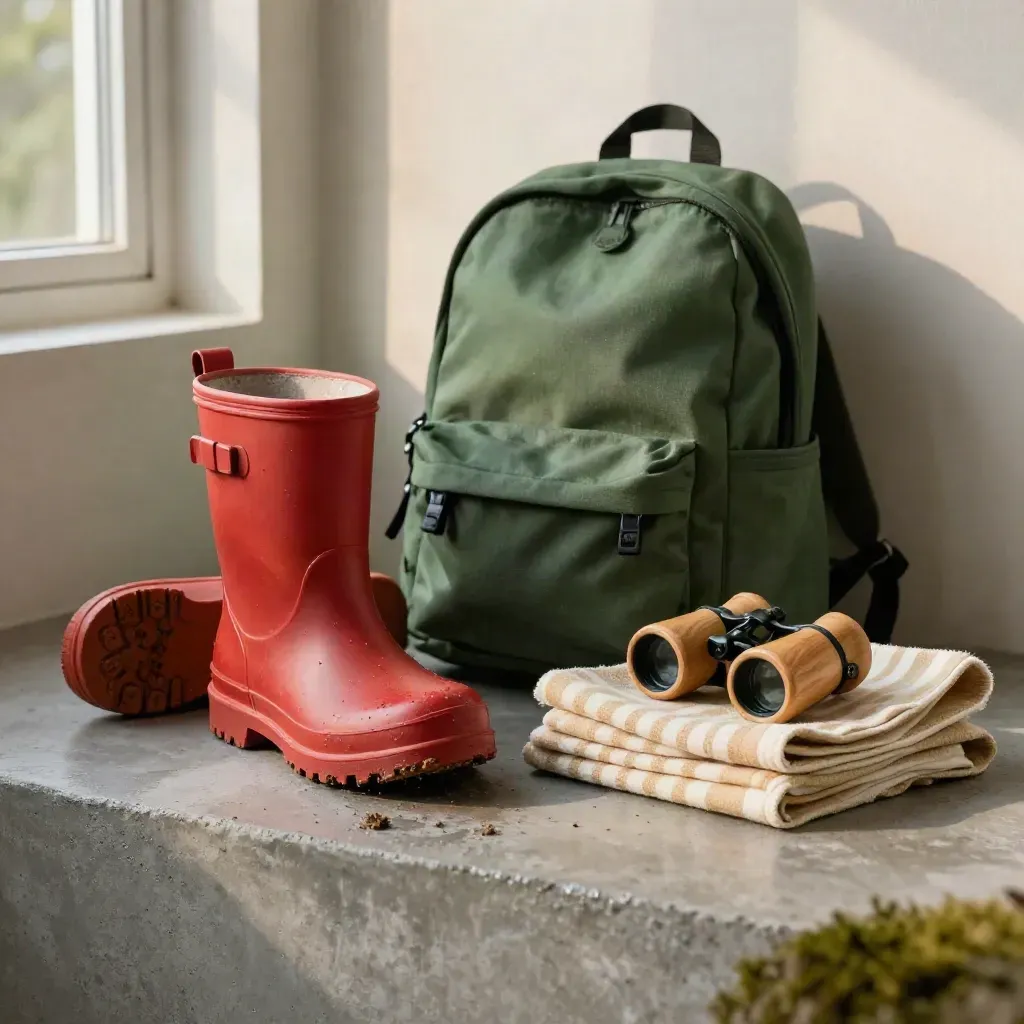 Rood rubberlaarsje met mini-rugzak, picknickdoek en houten verrekijker op beton