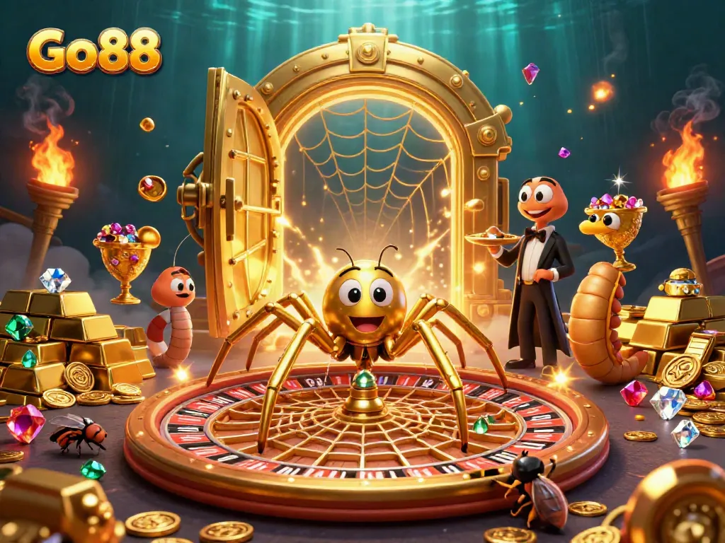 Experience thrilling gameplay at Go88 with a golden spider and roulette wheel in this vibrant scene.