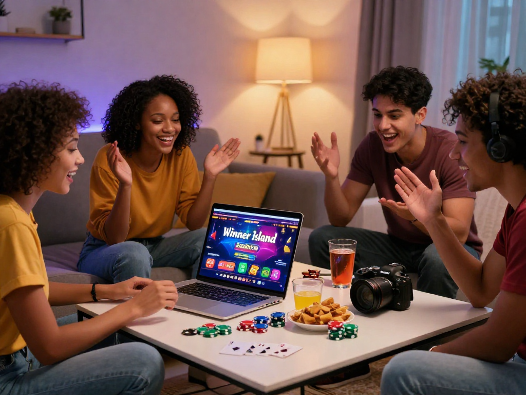 Friends exploring https://neccr.org.uk for the best non-GamStop casinos through an exciting online gaming experience, enjoying snacks and drinks in a cozy living room.