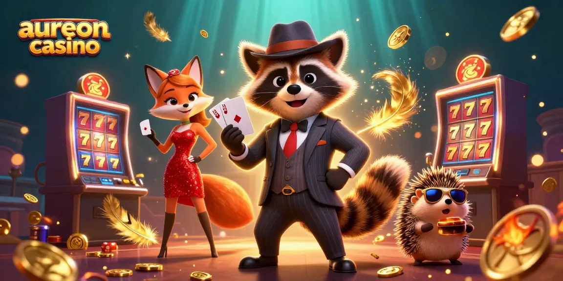 Aureoncasino brings excitement with a raccoon, fox, and hedgehog in a lively casino scene filled with gold coins and slot machines.