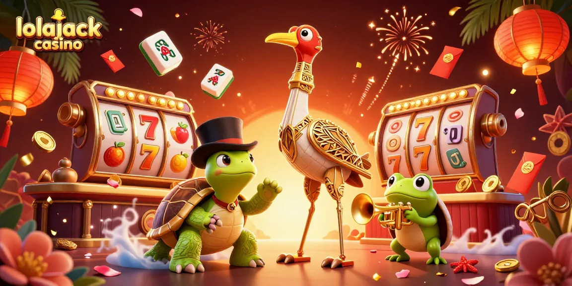 Experience thrilling gaming at lolajack casino with dynamic slot reels, festive symbols, and lively characters.