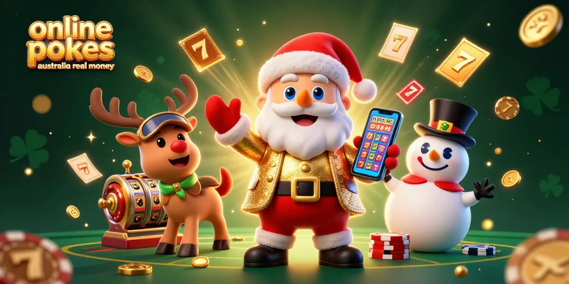Spin to win with online pokies Australia real money in a dynamic casino illustration featuring Santa, his reindeer, and a snowman!